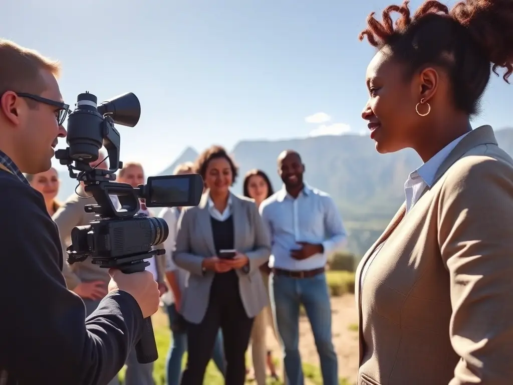 A client testimonial video being filmed in Cape Town, South Africa, highlighting a success story achieved through Synergy's financial consulting services.