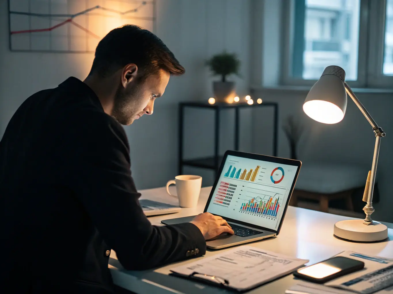 A professional consultant analyzing financial data on a computer screen, with charts and graphs visible, in a modern office setting, representing financial analysis and planning.