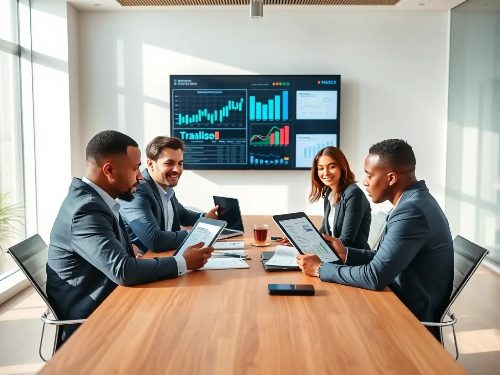 A diverse team of financial consultants collaborating around a table, reviewing documents and discussing strategies, symbolizing teamwork and expertise.