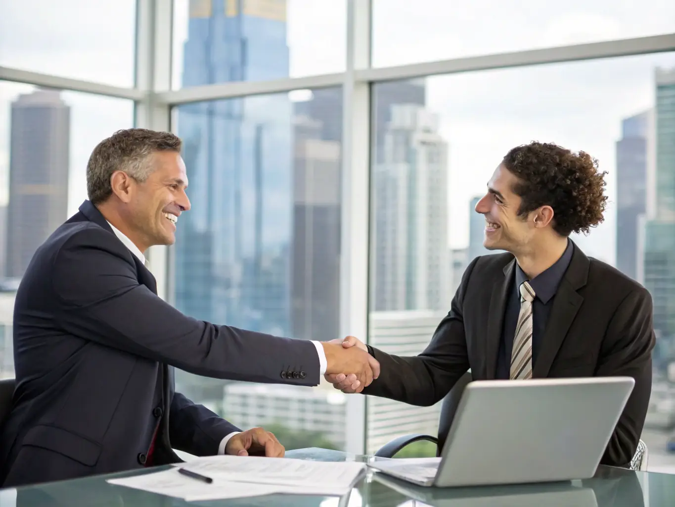 A South African business owner shaking hands with a financial consultant, with the Johannesburg skyline in the background, representing partnership and local expertise.